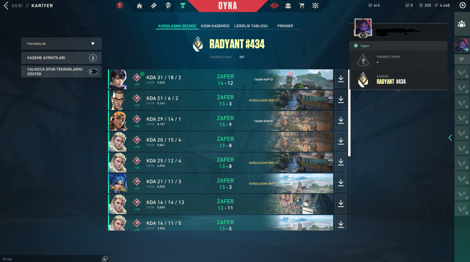 Customer account: Valorant Radiant rank 434, win streak